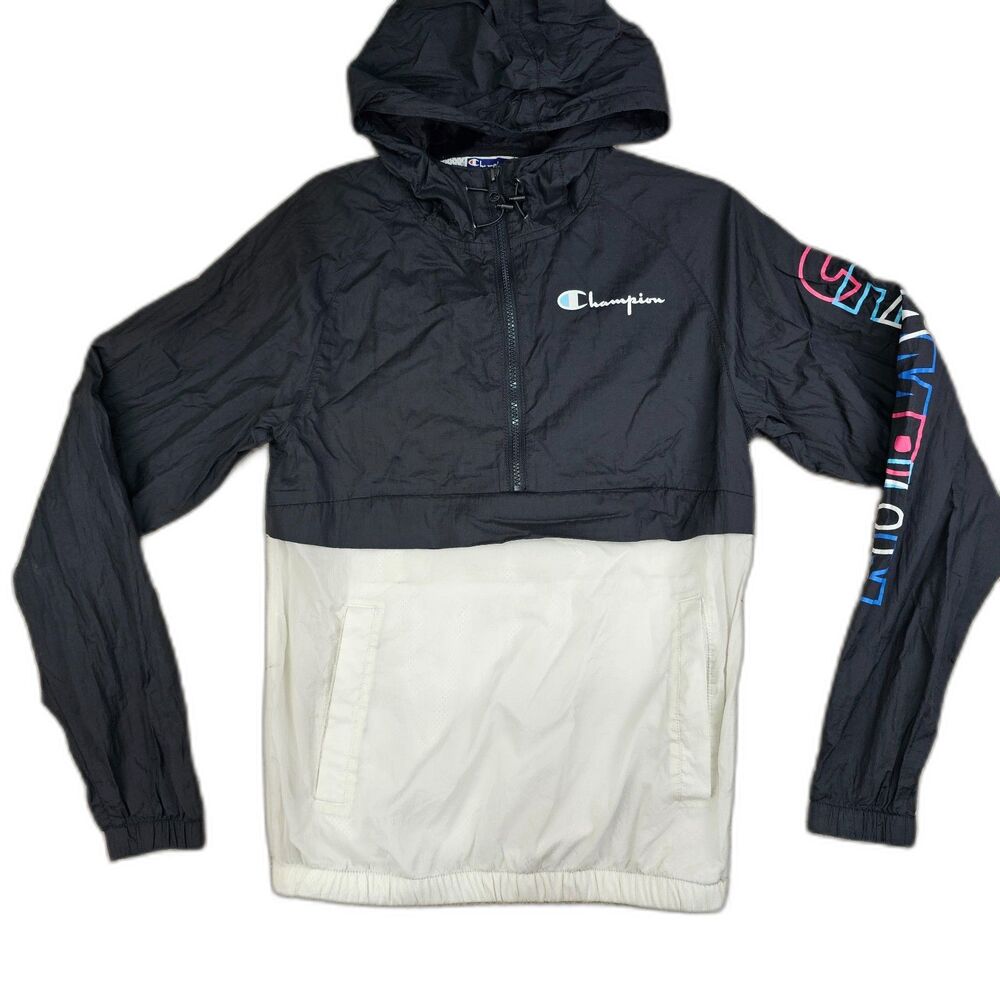Champion Packable Half-Zip Hooded Windbreaker Black White Women's Size Small